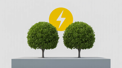 Two green topiary trees stand before a yellow circle with a white lightning bolt symbol