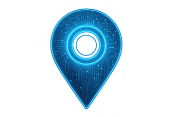 Digital location pin with circuit board pattern and glowing blue light, representing gps navigation and smart map technology