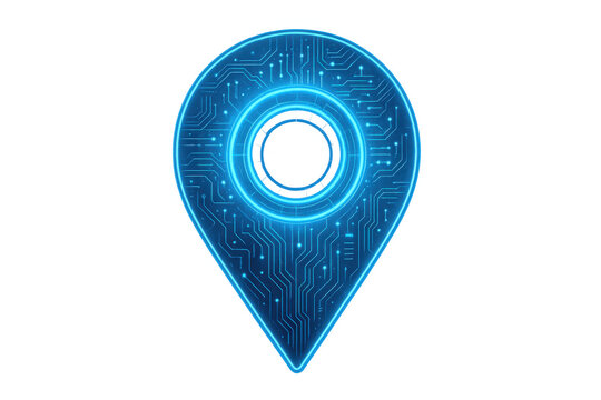 Digital location pin with circuit board pattern and glowing blue light, representing gps navigation and smart map technology
