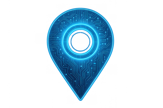 Digital location pin with circuit board pattern and glowing blue light, representing gps navigation and smart map technology