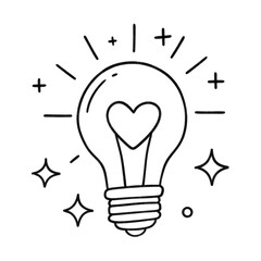 Hand-drawn light bulb with heart-shaped filament and sparkles in black and white line art, symbolizing love and ideas