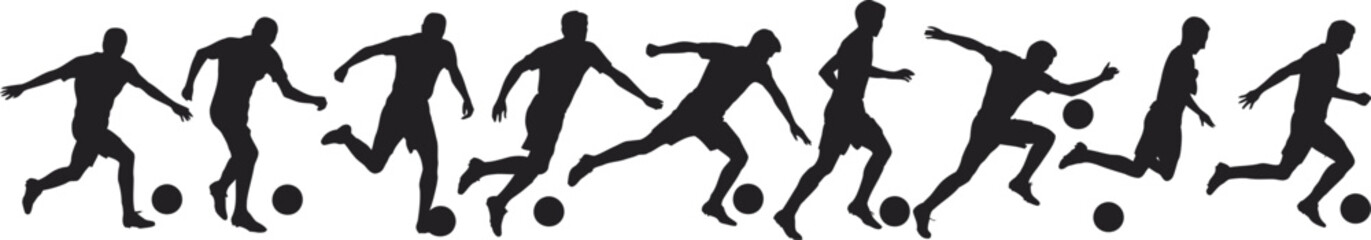 Horizontal sequence of black silhouettes showing soccer players in action