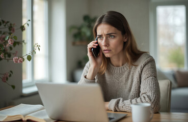 Obraz premium Woman is worried talking on phone. She looks stressed working from home. Lady has sad expression using mobile phone. Home office life at modern apartment.