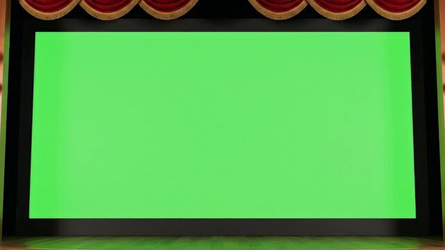 Red velvet theater curtain opening slightly to reveal a green screen, with an enjoy wooden sign hanging in the middle