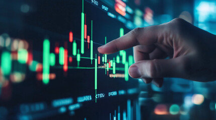 Investor analyzes stock market data and investment trends with finger on trading chart