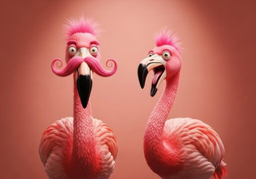 Two pink cartoon flamingos with funny expression, mustache and spiky hair. Funny stylized bird for humor and celebration design.