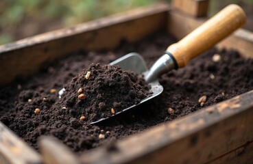 Gardener scoops rich compost with trowel in wooden box. Nutrient-filled soil prepared for planting. Organic fertilizer improves agriculture, gardening, recycling waste for better plant growth,