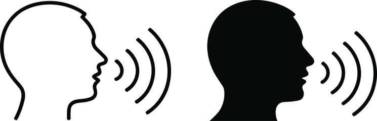 “Human speaking icon set showing voice communication, sound waves, audio expression and conversation symbols in black and outline vector illustration design”