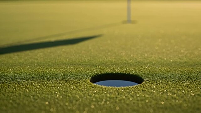 Golf ball teetering on the edge of the hole on the green, about to drop in