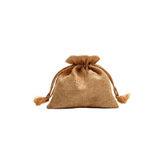 Small Brown Burlap Drawstring Bag, Rustic Handmade Pouch for Gifts, Jewelry, Crafts, Storage, Eco-Friendly, Natural Texture, Lightweight Isolated on White Background
