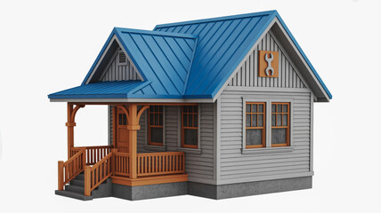 Small wooden house with blue metal roof and wrench symbol isolated on white background