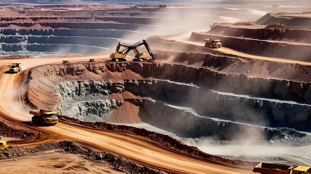Dynamic open-pit mining activity with trucks and excavators in a vast landscape
