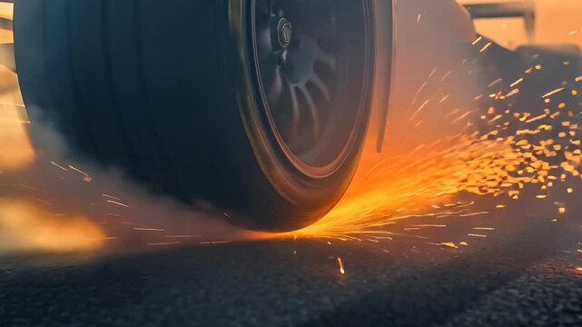 Racing tire burnout with sparks flying at golden hour for high performance visuals