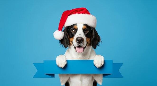 Dog in santa hat holding a blue ribbon with paws on blue background. Christmas holiday celebration concept for greeting card.