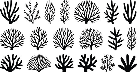 “Flat vector illustration of marine coral silhouettes, underwater botanical shapes, ocean reef elements for design, CAD drawing style graphic collection”