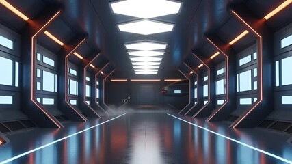 Futuristic spaceship hangar with spacecraft ready for launch and neon lighting