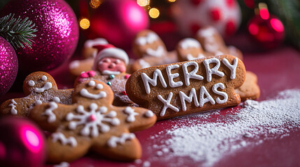Delicious Christmas gingerbread cookie men saying Merry Xmas for festive holiday celebrations