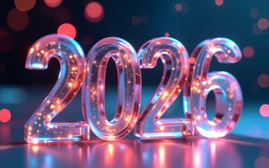 happy new year 2026 glass letter with chromatic aberration refraction dispersion 3d illustration isolated. High quality