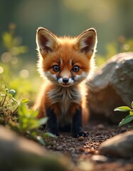 Obraz premium Cute red fox cub sits in sunny forest. Tiny baby animal fluffy ginger fur, big curious eyes. Adorable wild young mammal looks at camera exploring woodland outdoors. Beautiful scene from wildlife in