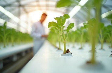 Close up on green vegetable sprout in hydroponic system. Scientist in lab coat researches plant growth in modern sunny greenhouse. Man checks leaves in vertical farm. Smart agriculture, sustainable