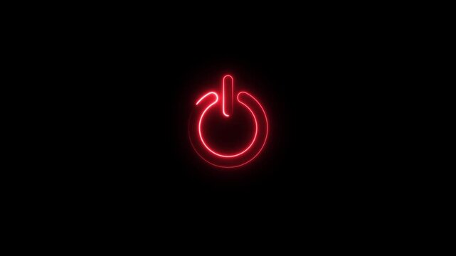 Neon glowing power button icon animated on a black background ,The appearance of neon symbol power off closed circle animated on black background. 4k video
