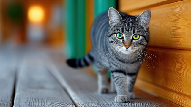 A close-up of a tabby cat with striking green eyes walking on a wooden deck. The background is softly blurred with warm evening light.