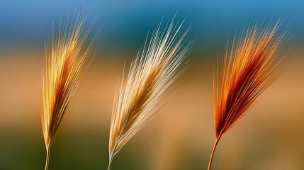 Fototapeta premium Close-up of three wheat stalks in various colors against a blurred background. The image has a natural, soft feel.
