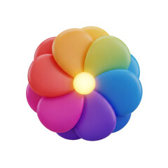 A 3D rendered vibrant rainbow colored flower-like sphere with a glowing center.