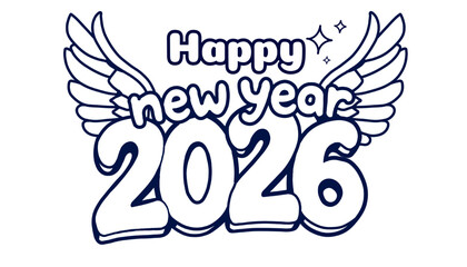 A happy new year 2026 design with wings and stars, rendered in a simple outline style perfect for coloring pages, graphic design elements, or festive decorations.
