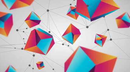 Abstract background with colorful geometric polyhedrons connected by a network of lines