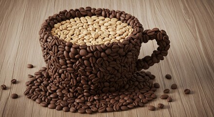 A creative collage artwork crafted entirely from coffee beans, forming the image of a coffee cup placed on a rustic wooden table