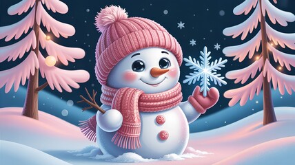 Adorable cartoon snowman holding a glowing icy-blue snowflake in a dreamy snowy landscape with soft cinematic lighting and a clean space for text.