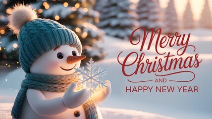 An elegant Christmas illustration with a glowing snowman on one side, soft blurred empty space for text, and refined red holiday lettering for a premium modern greeting card.