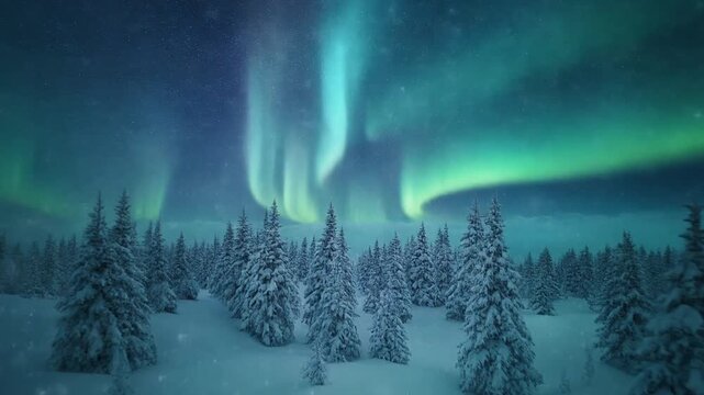 Northern lights glowing across starry sky above snowy forest, soft magical snowfall particle