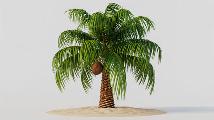 Realistic 3d rendering of a single coconut palm tree with one fruit on sand
