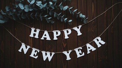 White happy new year letter banner on a dark wooden background, adorned with green eucalyptus leaves, symbolizing festive holiday greetings and new beginnings