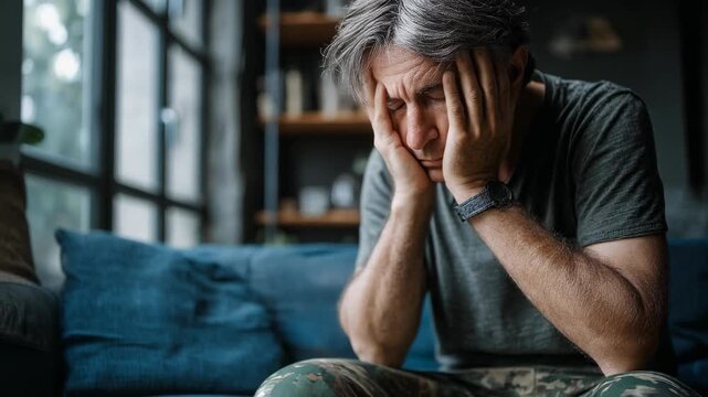 Emotional man sitting on sofa, expressing stress and anxiety in modern, cozy interior