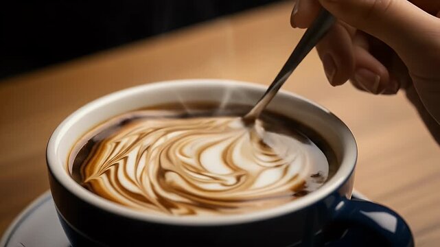 Close-up of a hand stirring a cup of hot coffee with a spoon, showcasing swirling patterns on the surface and steam rising in a cozy setting