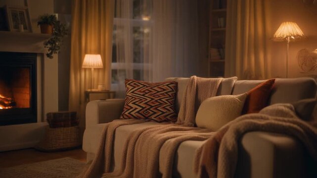 Wide shot of warm, inviting living room with soft lighting, blankets and decorative pillows