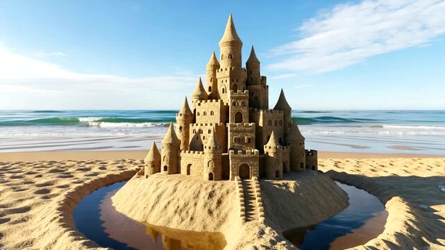 Spectacular sandcastle on the beach, a creative expression of summer fun and architectural