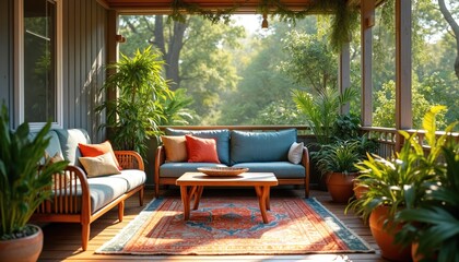 Obraz premium Cozy porch with stylish furniture plants and colorful rug. Scene has modern design and comfortable seating. Sunny outdoor space with natural light. Relaxing home decor with green plants.