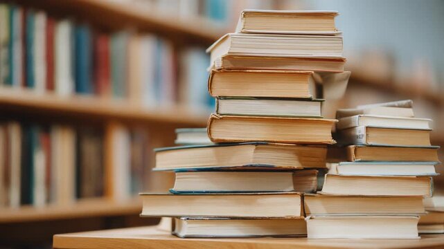 Stack of books in a cozy library setting perfect for book lovers and reading enthusiasts