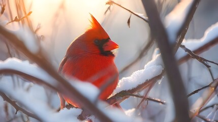 Red Cardinal Waiting Among Snow-Covered Branches