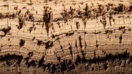 Detailed close-up texture of natural cork bark reveals intricate patterns and warm earthy tones for background use. isolated on white background