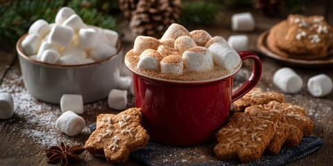 Cozy Cocoa Delights: A rustic setting of holiday treats. A mug of steaming cocoa is topped with fluffy marshmallows, and complemented by a side of homemade cookies.