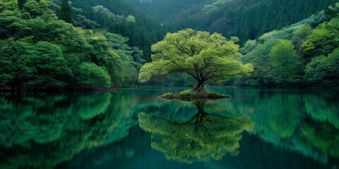 Serene Solitude: A solitary tree stands proudly on a small island in the still water, embraced by lush green forest and creating a perfect reflection. Evoking tranquility and the beauty of nature.
