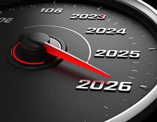 Black speedometer with needle moving to the year 2026 - 3d illustration