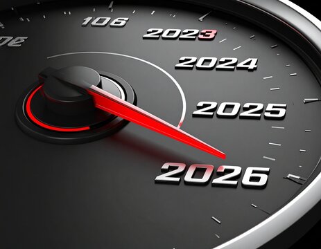 Black speedometer with needle moving to the year 2026 - 3d illustration