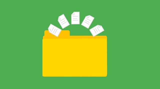 Document rotating inside an open folder with clean looping movement. Smooth office-style animation suitable for file management, data organization, workflow dashboards, cloud storage interfaces