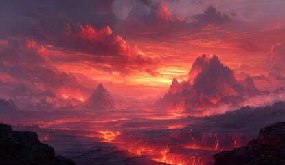 Fiery mountain range landscape.  Lava flows across a valley under a fiery sunset